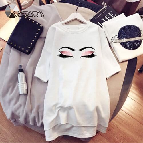 Sexy Mini Night Dress Aesthetic Eyelashes Prints Plus Size Sleepwear Women Princess Makeup Art White Short Sleeve Nightshirt