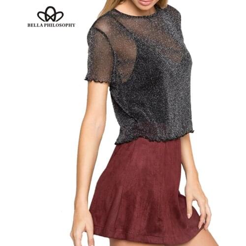 Bella Philosophy 2018 spring summer new women Metallic color mesh perspective see-through T-shirt tops
