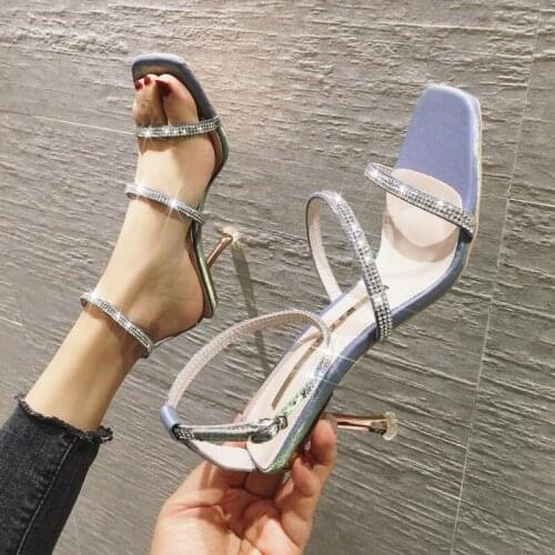 2021 Amoi Fashion Sandals Female New Word with Square Toe All-match Rhinestone Stiletto High Heels Fashion Slippers Women Shoes