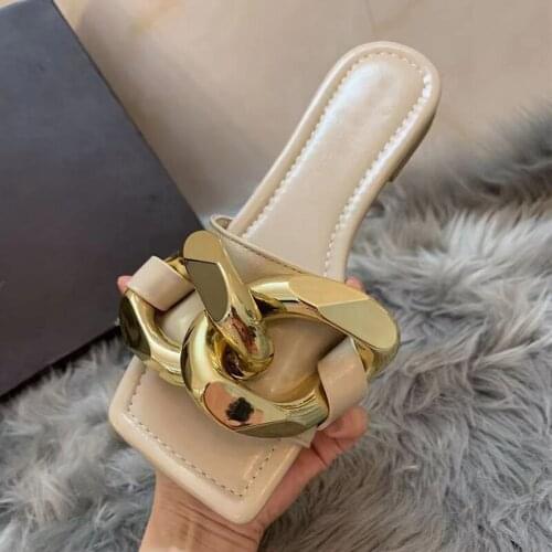 Women Articles Summer Outdoor Slides Casual Sandy Beach Flip Flops Metal Chain Real Leather Candy Colors Sandals Large Size35-41