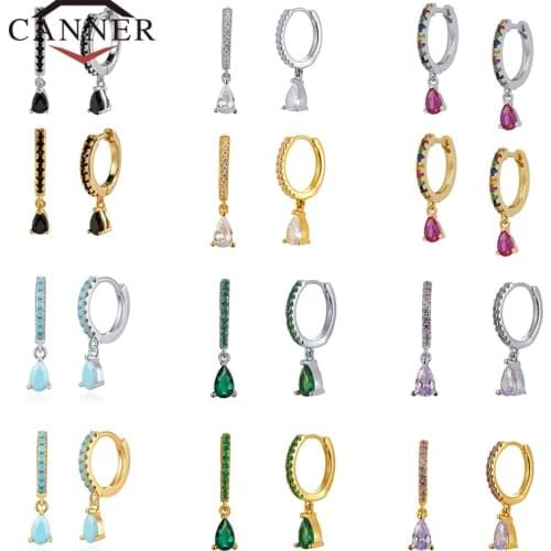 CANNER 100%Real 925 Sterling Silver Hoop Earrings for Women Water Drop Colorful CZ Zircon Round Earings pendientes Fine Jewelry