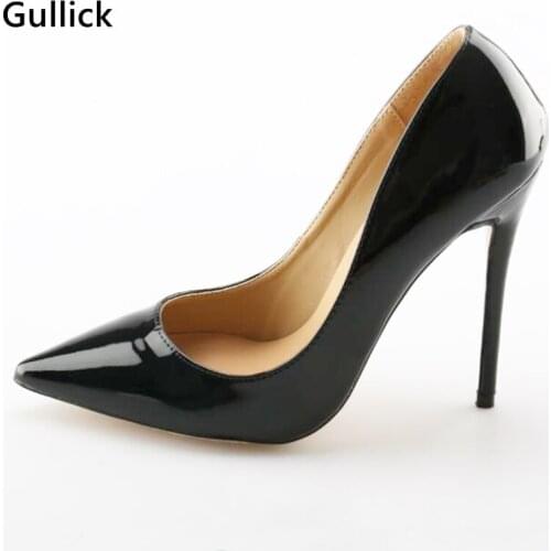 Gullick Black Patent Leather High Heel Pumps Pointed Toe 12CM Slip-on Stiletto Heel Dress Shoes Woman Sexy Pumps Real Photo