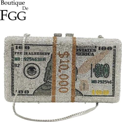 Boutique De FGG Hand-Made Stack of Cash Women Crystal Money Clutch Purse Diamond Minaudiere Evening Bags Party Party Handbags