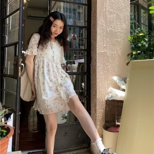 Bella Summer Lace Vintage Floral Dress Korean Princess Elegant Party Boho Dress 2021 new Chiffon Short Sleeve O-Neck Sweet Dress