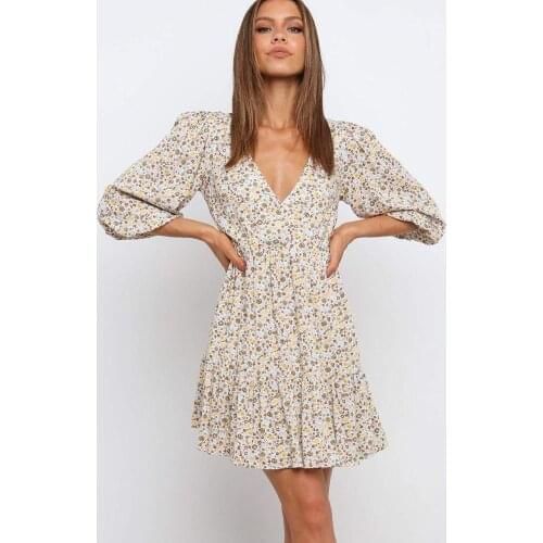 Autumn Floral Print Mini Dress 2021 Women Fashion V-neck Half Sleeve Draped Dresses For Woman Casual Elegant Party Beach Dress