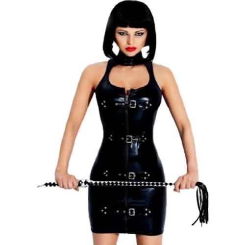 Women Sexy High Neck Wetlook Faux PU Leather Catsuit Dress Black Buckles Zipper Front Rubber Clubwear Erotic Fetish Mini Dress