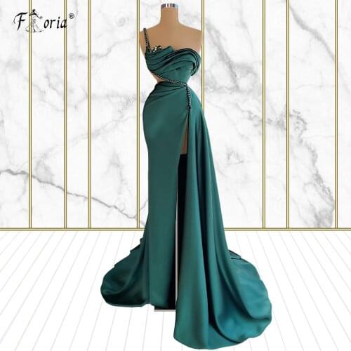 Abendkleider 2021 Simple Style Green Muslim Evening Dress Mermaid Crystal Satin Slit Arabic Dubai Sexy Formal Prom Dresses Long