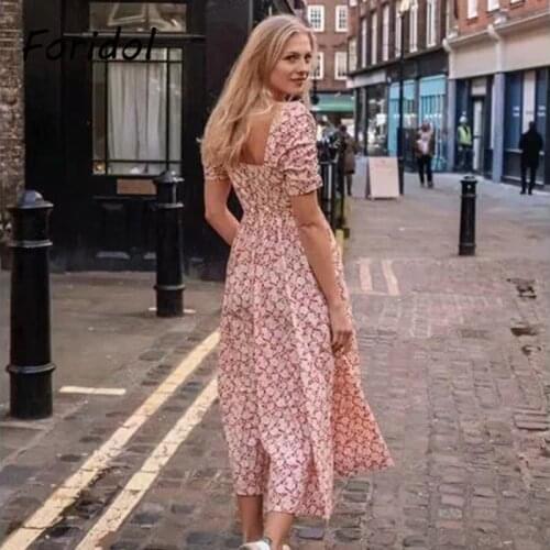 Foridol Puff Sleeve Vintage Summer Dress Women Floral Print Boho Maxi Long Dress French A-line Beach Casual Red Dress 2021