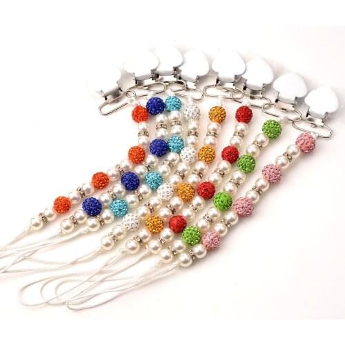 1PCs Baby Pacifier Clip Chain Infant Nipple Holder Wooden Beaded Crystal Nipple Leash Strap Metal Pacifier Clips Soother Chain
