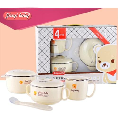 4pcs/set Baby Feeding Set with Sucker Bowl Spoon Cup Dinnerware Set 304 Stainless Steel Water Warm Children Anti-hot Tableware