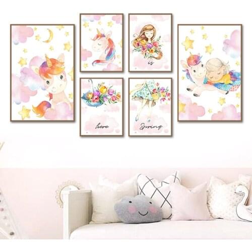 Watercolor Kawaii Unicorn Little Girl Baby Room Wall Art Canvas Painting Nordic Posters And Prints Wall Pictures Kids Room Decor