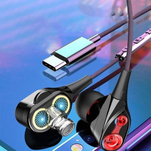 Dual Dynamic Circle Type-C Wired In-Ear Earphone Volume Control Mic Headphone