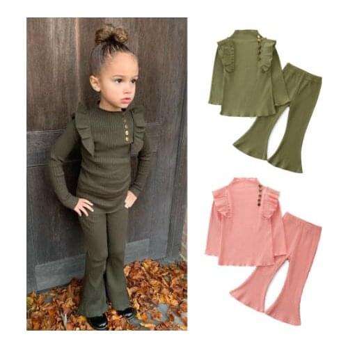 Emmababy 1-6Y Fashion Kids Girls Clothes Sets 2pcs Ruffles Solid Knit Long Sleeve Pullover Tops Flare Pants