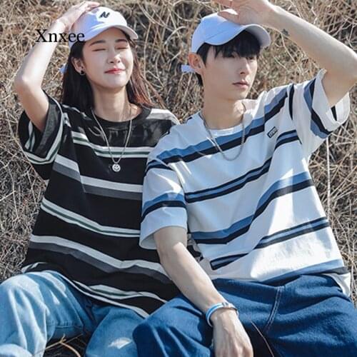 2021 Summer Striped Japanese T-Shirt Men Short Sleeve Fashion Casual New Couple Loose Cotton Women Top Harajuku Street Clothing