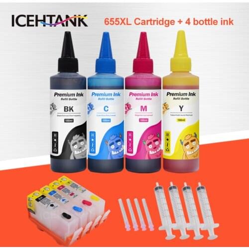ICEHTANK 4 X 100ml Bottle Refill ink + 655XL Refill For HP 655 Ink Cartridge Deskjet 6525 6625 4625 3525 5525 6520 Cartridges