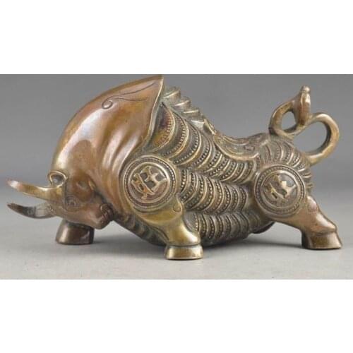 Chinese Brass Collectable Get Rich Embossment Exorcism Cow Statue Decor