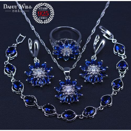 Blue Zircon silver color Jewelry Sets Drop Earrings For Women Pendant Necklace Set Ring Wedding Jewellery Gifts Box