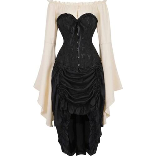 Corset with Pirate Skirt and Blouse 3 Piece Brocade Boned Bustier Dress Plus Size Carnival Dance Party Costume Steampunk