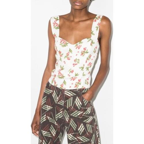 Crop Top 2021 Summer Clothes For Women Cherry Print Vacation Beach Casual Tops Sweetheart Neck Sleeveless Wide Strap Tank Top