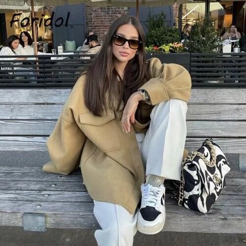 Foridol Khaki Oversized Covered Button Causal Loose Winter Womens Coat Jacket Streetwear Autumn New Fluffy Cozy Coat