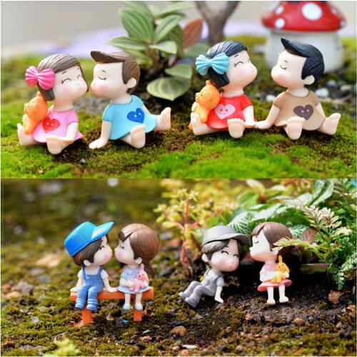 Mini-couple Sculpture 1 Pair Moss Resin Crafts Chair Figurines Miniatures Terrariums Boy Girl Fairy Garden Home Decor