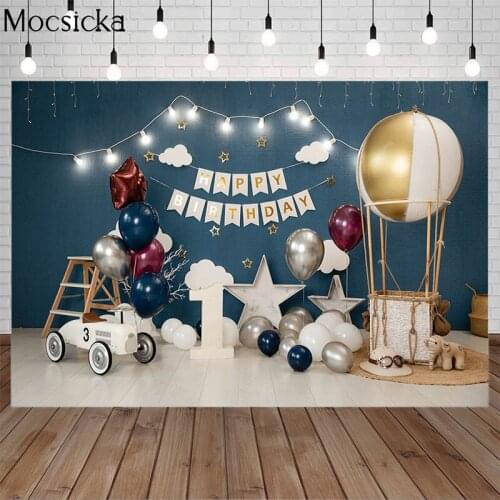 Mocsicka Happy Birthday Hot Air Balloon Stars Photography Background Car Blue Wall Backdrop Child Photo Decoration Props Studio