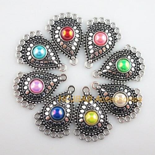 Fashion 8Pcs New Teardrop Charms Tibetan Silver Tone Retro Mixed Acrylic Connectors 25.5x36mm