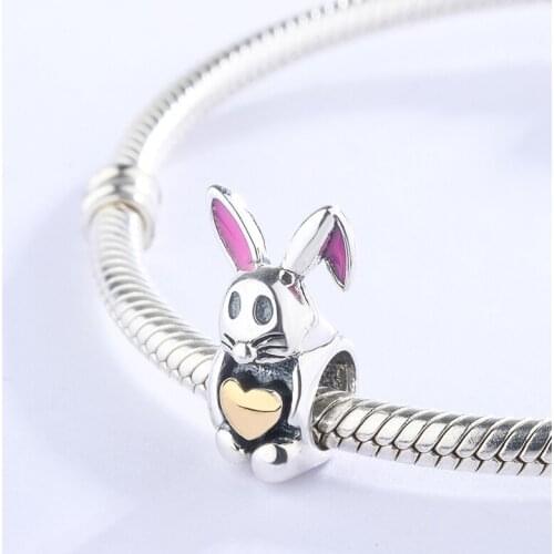 Fashion 925 Sterling Silver Pink Enamel Cute Animal Rabbit Pendant Charm Bracelet DIY Jewelry Making For original Pandora