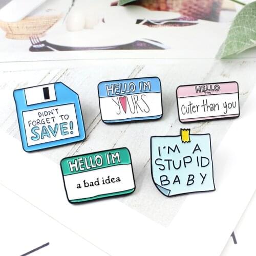 Cartoon Label Series Brooch Memory Card Label Couple Pink Dialog HELLO Love Cute Enamel Pin Coat Knitted Badge Boy Girl Gifts