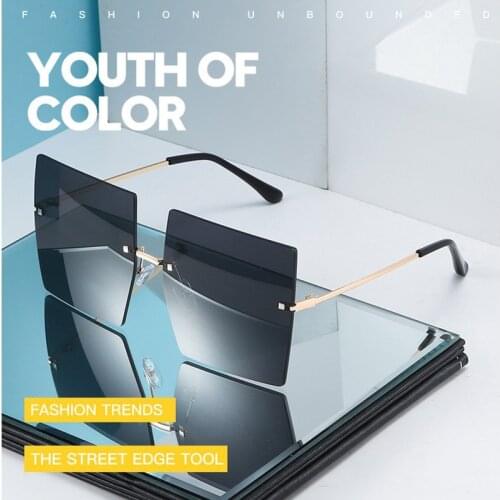 Feishini Oversized Rimless Square Sunglasses Women Brand New Luxury Fashion Flat Top Blue Clear Lens Eyewear Men Trendy