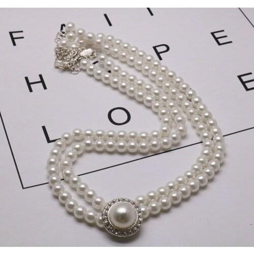 Elegant Double Strands Pearl Choker Necklace Crystal Rhinestone Party Wedding Jewelry