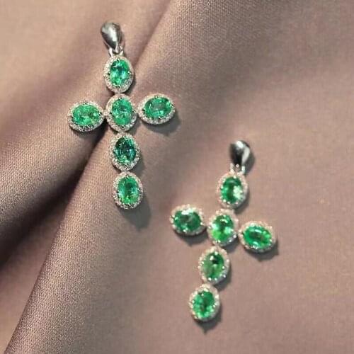 S925 Sterling Silver Natural Emerald Cross Pendant Necklace With Gift Luxury Classic Jewelry
