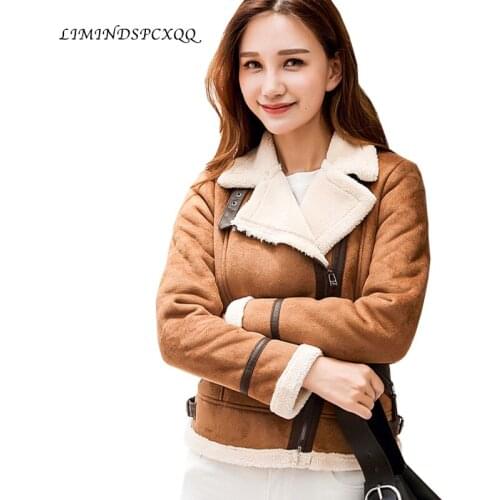Faux Sheepskin Shearling Autumn Winter Coat New Warm Suede Jacket Women Motorcycle Lamb Fur Brown Leather Jackets Camperas Mujer