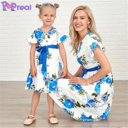 PopReal Summer Parent-Child Outfit Girl Family Dress Mom And Daughter Skirt Mother Kids Dress Bow Buttons Flowers Print Ruffle