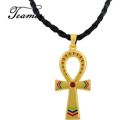 Teamer Egyptian Coptic Ankh Cross Pendant Necklace Religious Jewelry Women Men Amulet Pendant Leather Chain