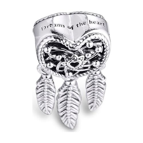 Charms Silver 100% Real 925 Sterling Silver Openwork Heart Three Feathers Dreamcatcher Charms Fit Bracelet Beads Silver jewelry