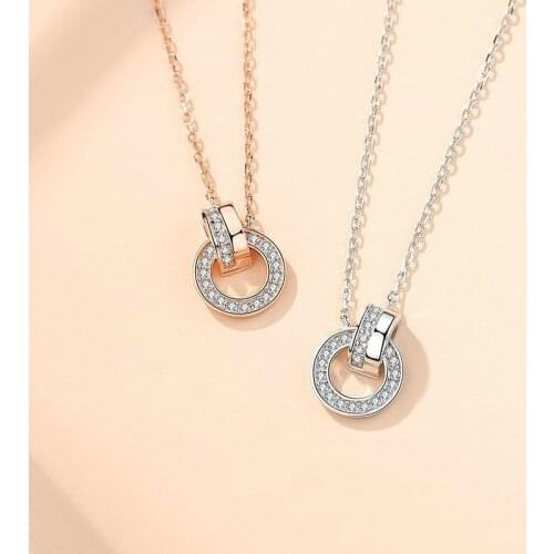 S925 Sterling Silver Necklace Diamond Double Ring Circle Pendant Clavicle Chain 2020 New Valentines Day Jewelry