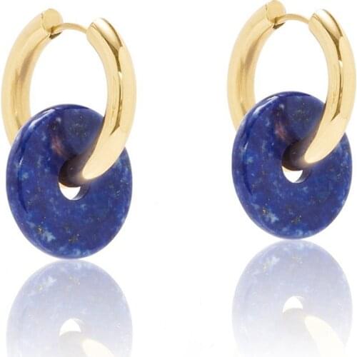 Stainless steel hoop vivalavika deja vu jewelry neefu wofu Mismatched earrings natural stone lapis lazuli disc threaded earrings