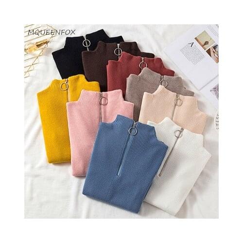 Fashion Zipper Knitted Sweater Women badycon long sleeve Sweater Pullover 2020 Autumn Basic Turtleneck Sweater ladies jumper