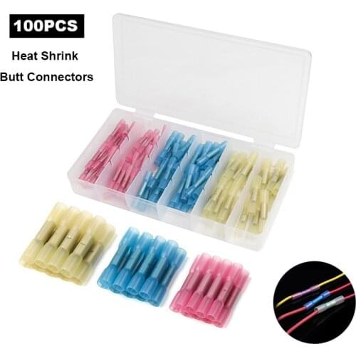 100pcs/lot Heat Shrink Butt Connectors 3 Sizes 22-10 AWG Waterproof Electrical Wire Splice Cable Crimp Terminal Connectors Set