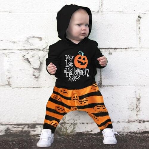 Toddler Baby Boys Halloween Pumpkin Printed Hoodie Set Autumn Long Sleeve Casual Sweater Tops Striped Pants 2pcs Baby Boy Outfit