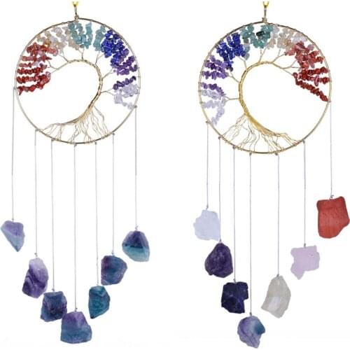 TUMBEELLUWA Tree of life Natural Raw Stones Wind Chimes Healing 7 Chakra Crystal Hanging Ornament for Window Home Garden Decor