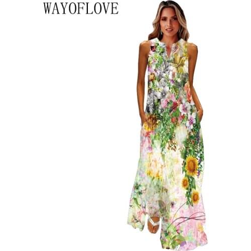 WAYOFLOVE Fashion Holiday Beach Dress 2021 Vintage Casual Plus Size Long Dresses Summer Woman Sleeveless Girl Floral Print Dress