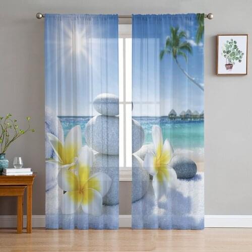 Zen Stones Flowers Tropical Ocean Window Curtains Bedroom Modern Drape Sheer Tulle Valances Living Room Kitchen Voile Curtain