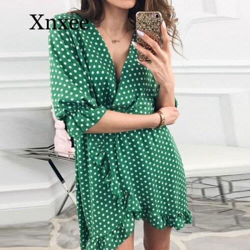 Green Retro rural Women Dress Ruffles Print Polka Dot Sexy Bodycon Beach Female Half sleeve Summer Party Mini Dresses vestidos
