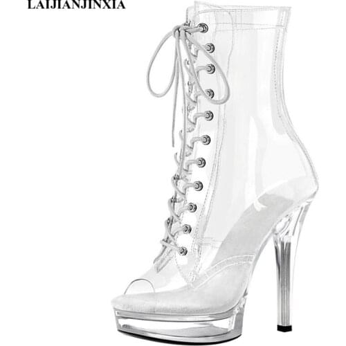 New Sexy Womens Boots Super High Heels Lace-Up Ankle Boots Stripper Transparent Soles Pole Dancing Shoes Platform Shoes