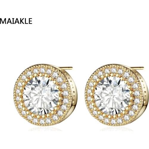 MAIKALE Classic Round Stud Earrings Plated Gold Silver Color AAA Cubic Zirconia Simple Korean Earrings For Women To Send Friend