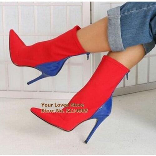 Ladies Chic Red Blue Color Patchwork Pointed Toe Mid-calf Boots Mixed Color Elastic Fabric Gladiator Dress Shoes Middle Boots
