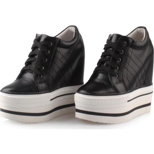 Top quality women wedges high heels sheepskin high platform fashion thick bottom lace up Invisible elevator casual shoes ladies