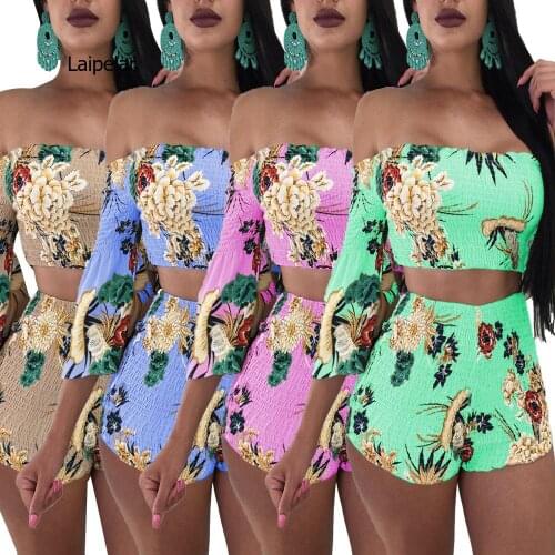 Floral Print Casual Two Piece Set Off Shoulder Cami Top & Shorts Set Summer Short Tracksuit Women Sexy Bodycon Romper